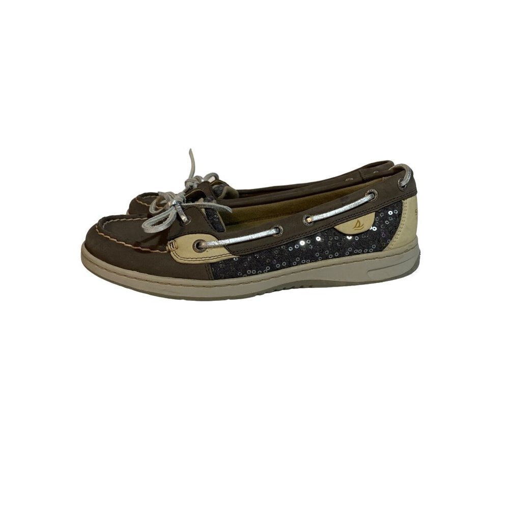 Sperry Top Sider Taupe Leather Gray Sequin‎ Slip On Boat Shoes Sz 8 1/2 - Picture 3 of 10